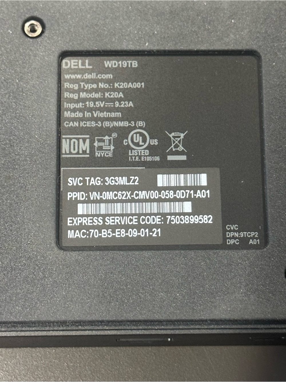 Dell WD19TB Black Docking Station Power Module